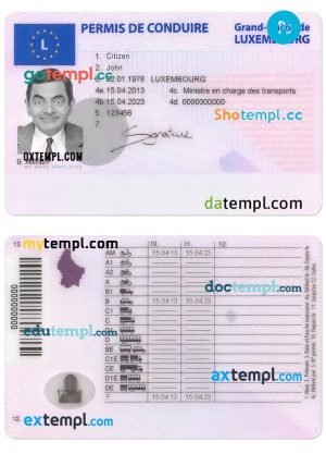 Luxembourg driving license template in PSD format, with fonts