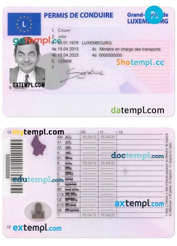 Luxembourg driving license template in PSD format, with fonts