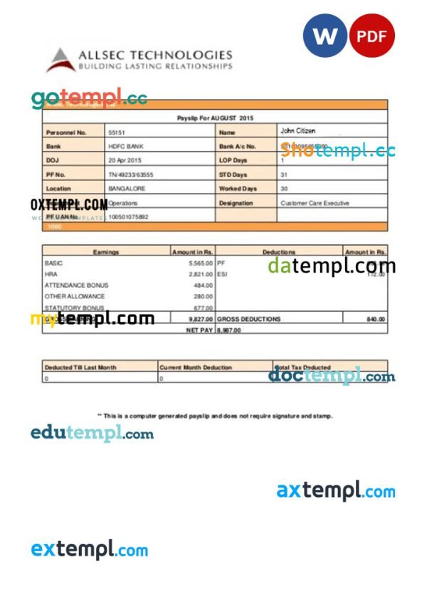 ALLSEC Building technologies payslip pay stub template in Word and PDF formats