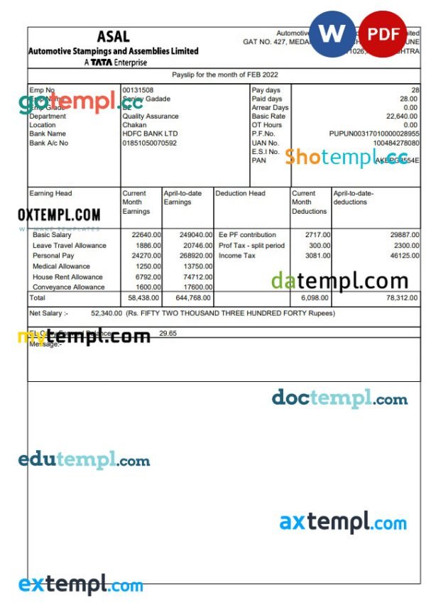 Automotive Stampings and Assemblies Limited pay stub Word and PDF template