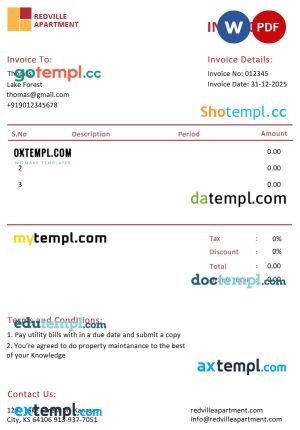 Apartment Rental Invoice template in word and pdf format
