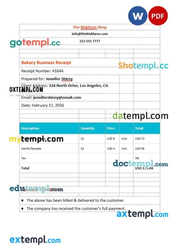 Bakery Business Invoice template in word and pdf format