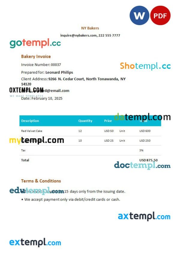 Bakery Invoice template in word and pdf format