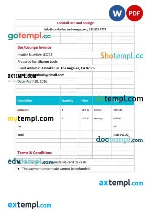 BarLounge Invoice template in word and pdf format
