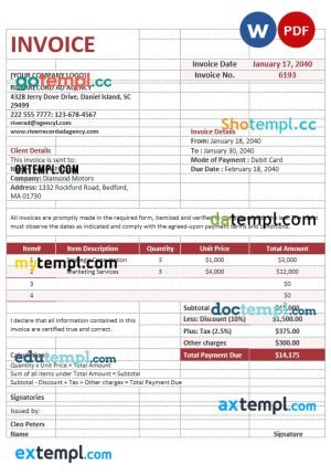 Blank Advertising Agency Invoice template in word and pdf format