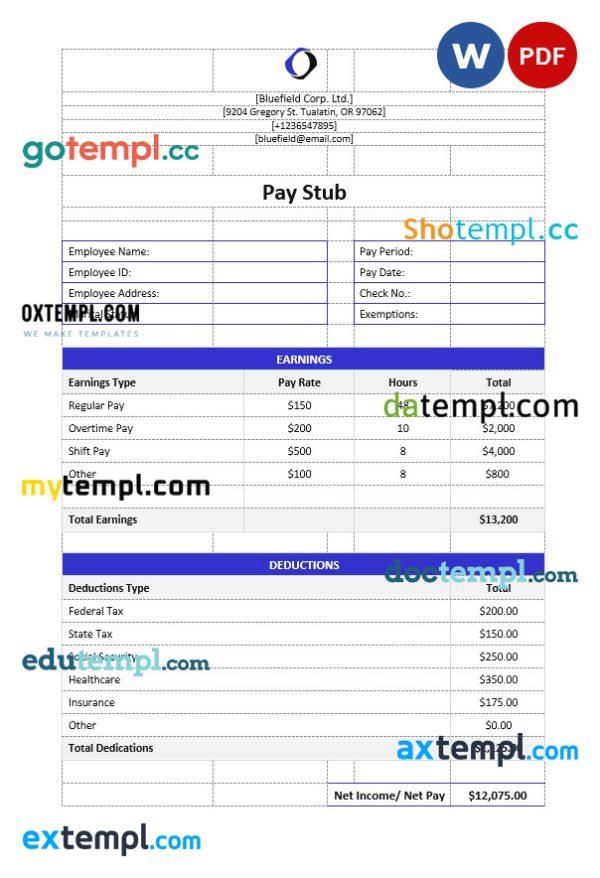 Bluefield Corp. Ltd pay stub Word and PDF template