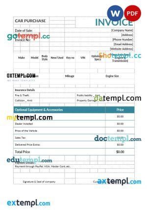 Car purchase invoice template in word and pdf format