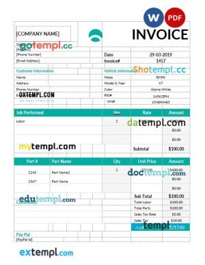 Auto sales invoice template in word and pdf format
