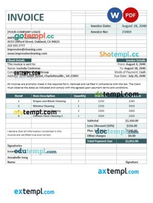 Cleaning Company Invoice template in word and pdf format