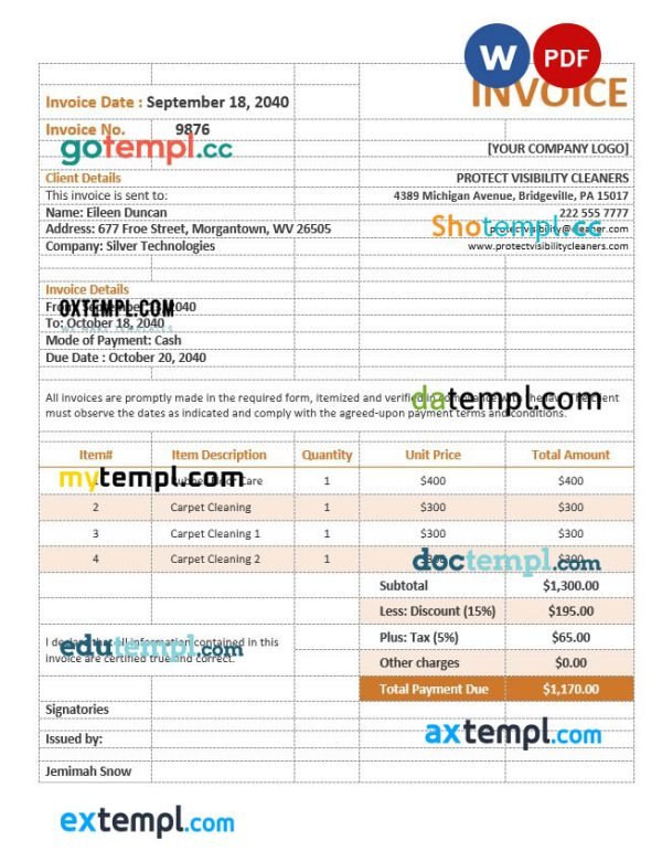 Cleaning Service Invoice Form template in word and pdf format