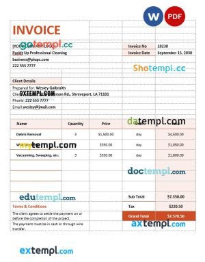 Cleaning Services Contract Agreement Invoice template in word and pdf format