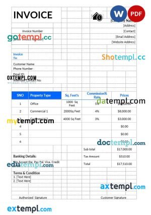 Commercial Real Estate invoice template in word and pdf format