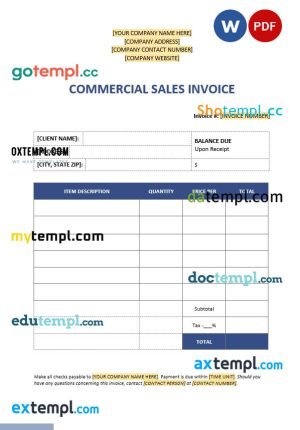 Commercial Sales Invoice template in word and pdf format