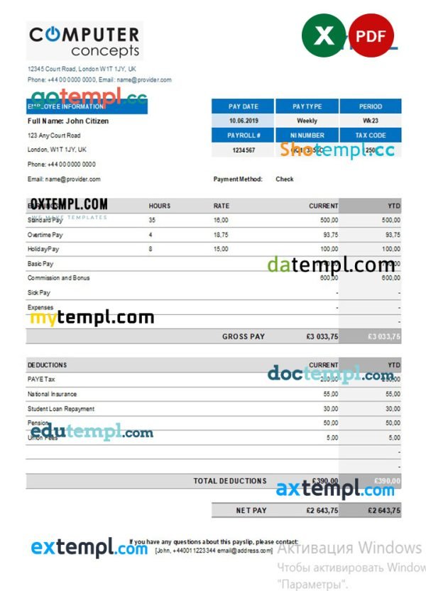 Computer corporation payroll template in Excel and PDF formats