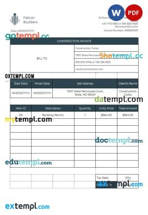Construction job Invoice template in word and pdf format