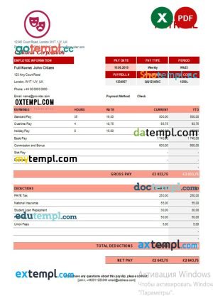 Cultural corporation payroll template in Excel and PDF formats