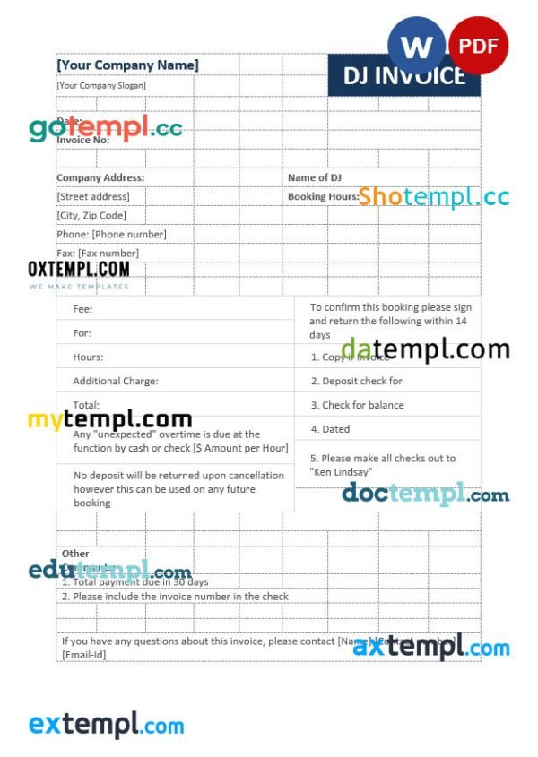 Dj invoice template in word and pdf format