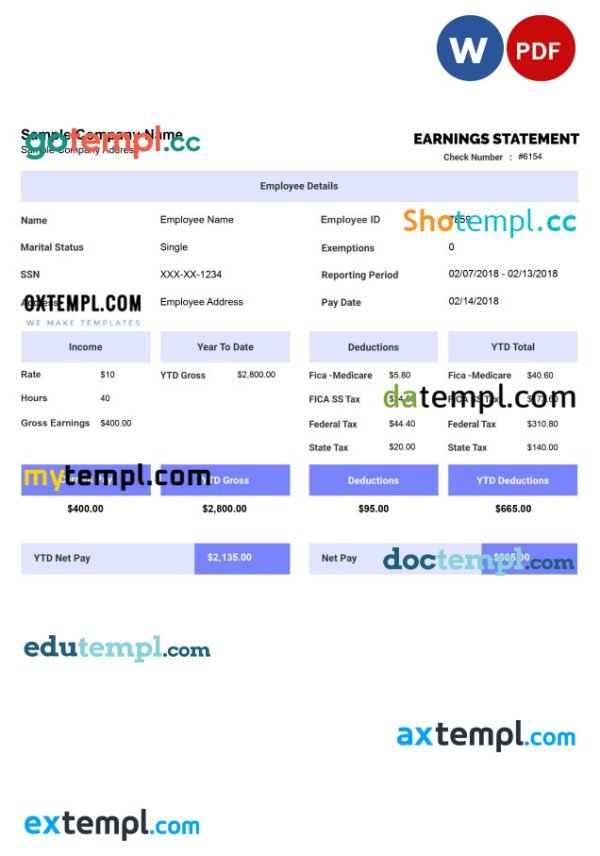 EARNINGS statement template Word and PDF format, version 2