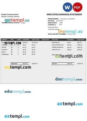 EMPLOYEE earnings statement template Word and PDF format