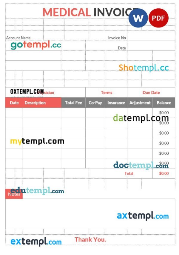 Editable Medical Invoice template in word and pdf format