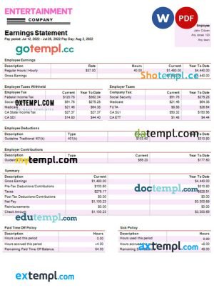 information technology company paystub template in Word and PDF formats