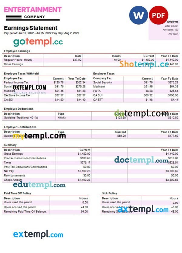 Entertainment company paystub template in Word and PDF formats