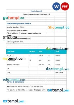 Event Management Invoice template in word and pdf format