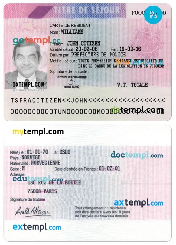 France residence permit card PSD template, version 3