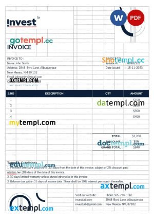 Financial advisor Invoice template in word and pdf format