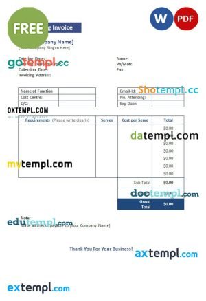 Free Catering Invoice template in word and pdf format