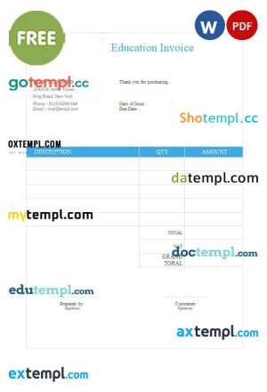 Free Education Invoice template in word and pdf format