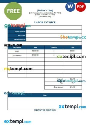 Free Labor Invoice template in word and pdf format