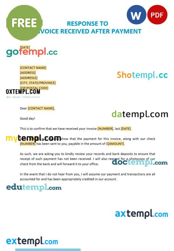 Free Response to Invoice Received after Payment template in word and pdf format