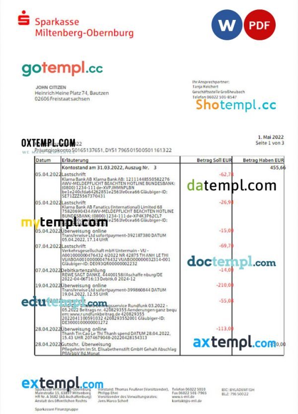 Germany Sparkasse Mitenberg-Obernburg bank statement Word and PDF template