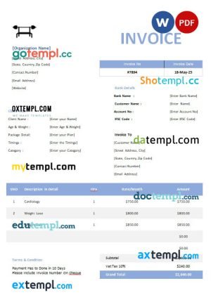 Gym Invoice template in word and pdf format