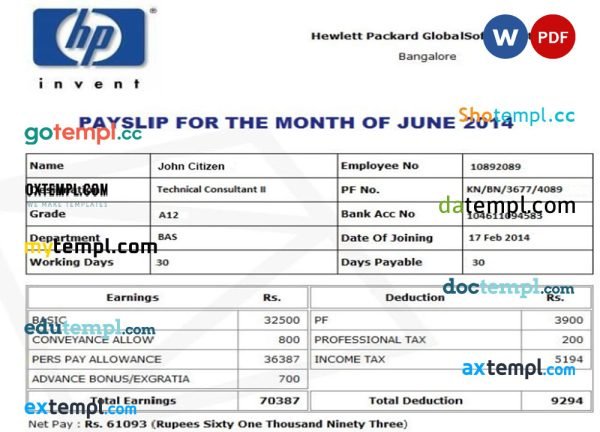 HP HEWLETT Packard GlobalSoft Pvt.Ltd payslip pay stub template in Word and PDF formats