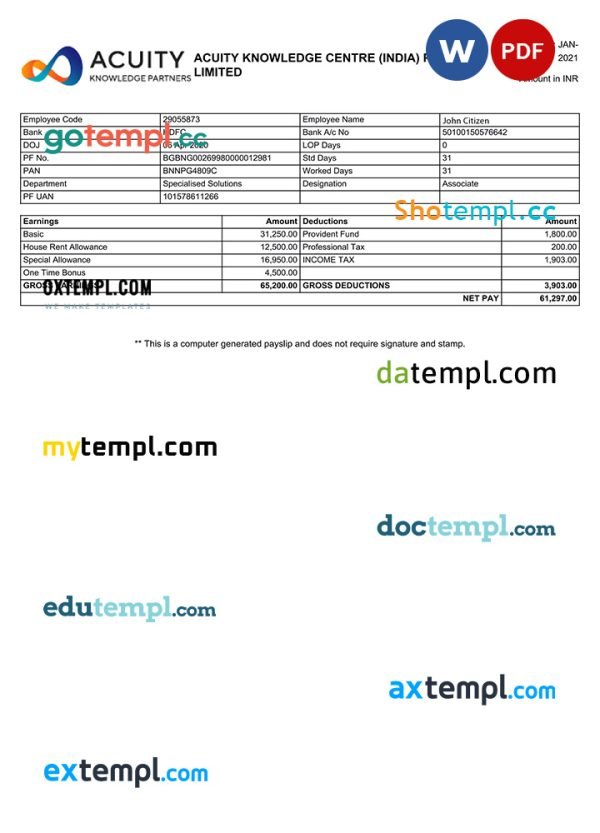 INDIA ACUITY Knowledge Centre Private Limited payslip template in Word and PDF formats