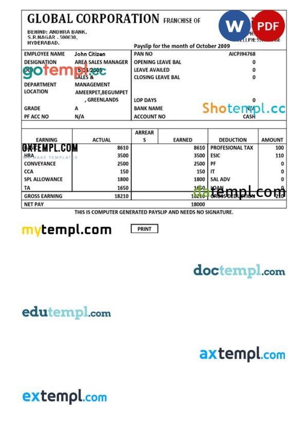 INDIA AIRTEL multinational telecommunications services company payslip template in Word and PDF formats