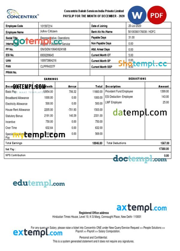 INDIA CONCENTRIX Daksh Services India private Limited payslip template in Word and PDF formats