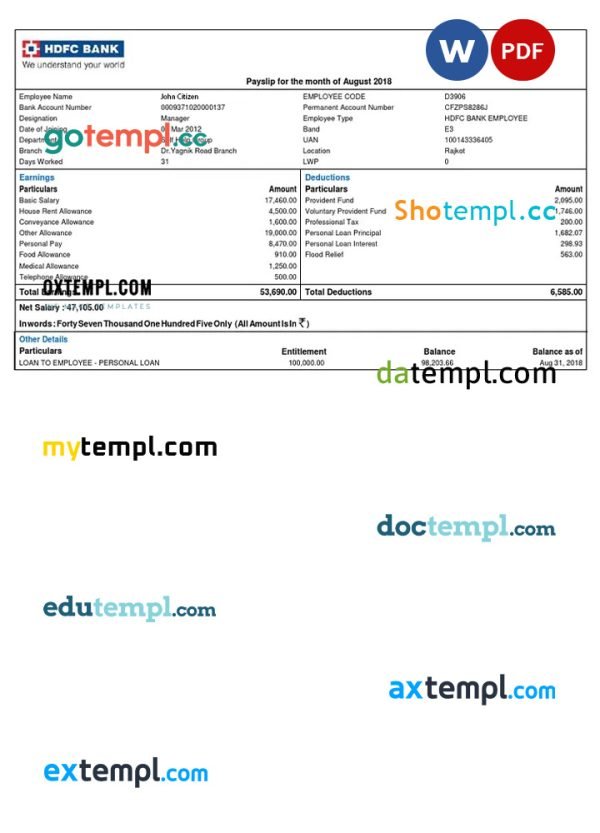 INDIA HDFC bank payslip template in Word and PDF formats