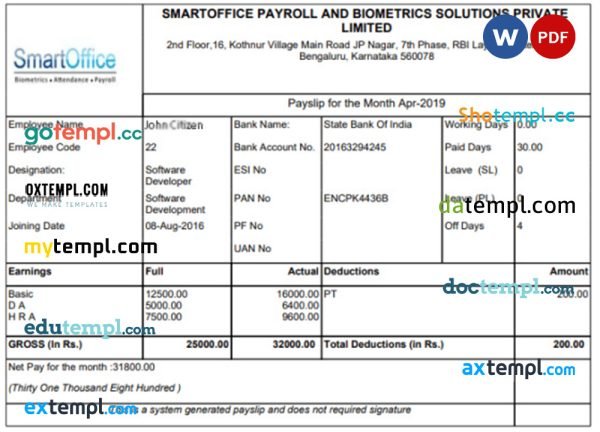 INDIA SMARTOFFICE and Biometrics Solutions Private Limited Payroll template in Word and PDF formats