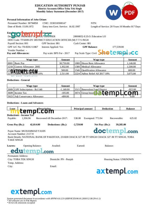 INDIA education authority Punjab mpnthly salary statement template in Word and PDF formats