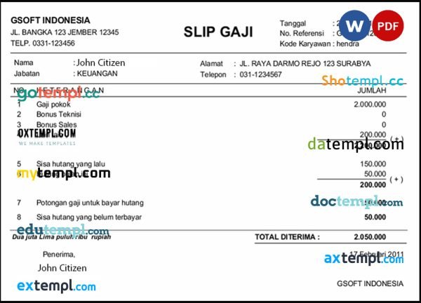 Indonesia GSOFT payslip template in Word in PDF formats