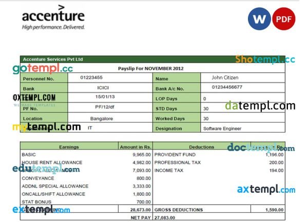 IRELAND ACCENTURE IT company earning statement template in Word and PDF formats