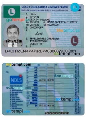 Ireland driving license (learner permit) template in PSD format, 2022- present
