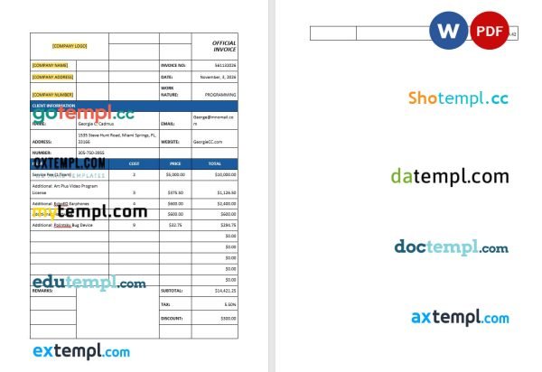 IT Support Invoice template in word and pdf format