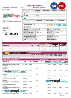 India Axis Mutual Fund bank statement Word and PDF template, 3 pages