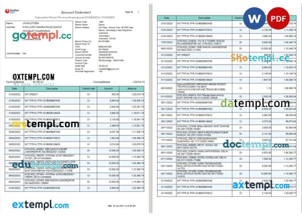 India Bandhan bank statement Word and PDF template, 4 pages