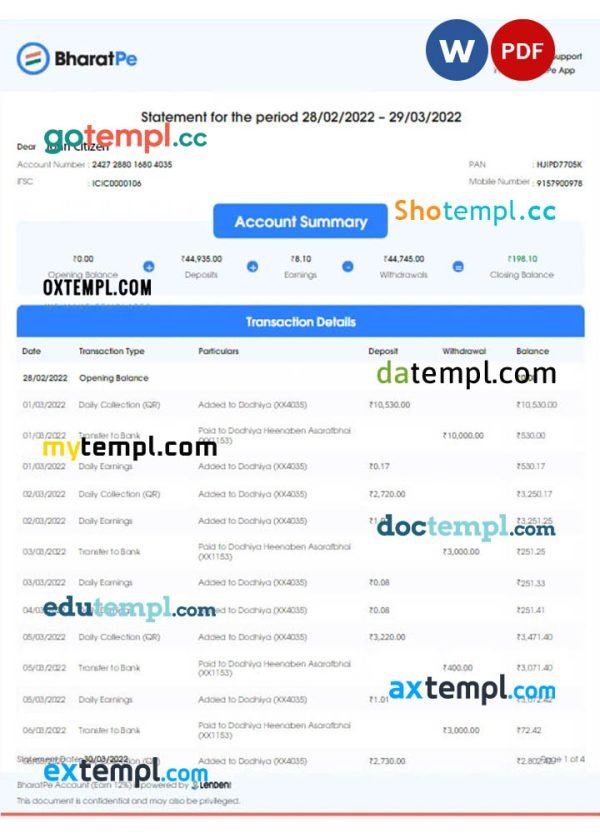 INDIA BHARATPE bank statement Word and PDF template