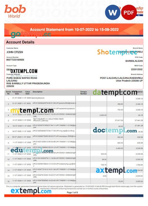 INDIA BOB BANK OF BORODA statement Word and PDF template